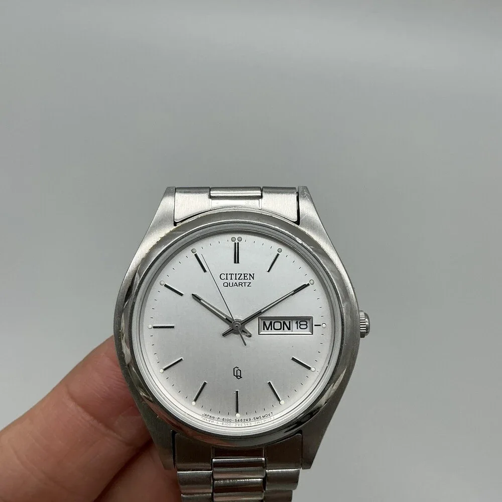 Vintage Citizen Mens Watch 35mm 4-S13823 Stainless Day Date New Battery 7